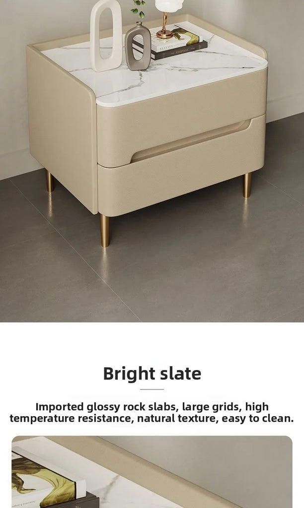 Luxury Modern Nightstand with Drawer, Glossy Marble Top, Gold Metal Legs, Faux Leather Bedside Table