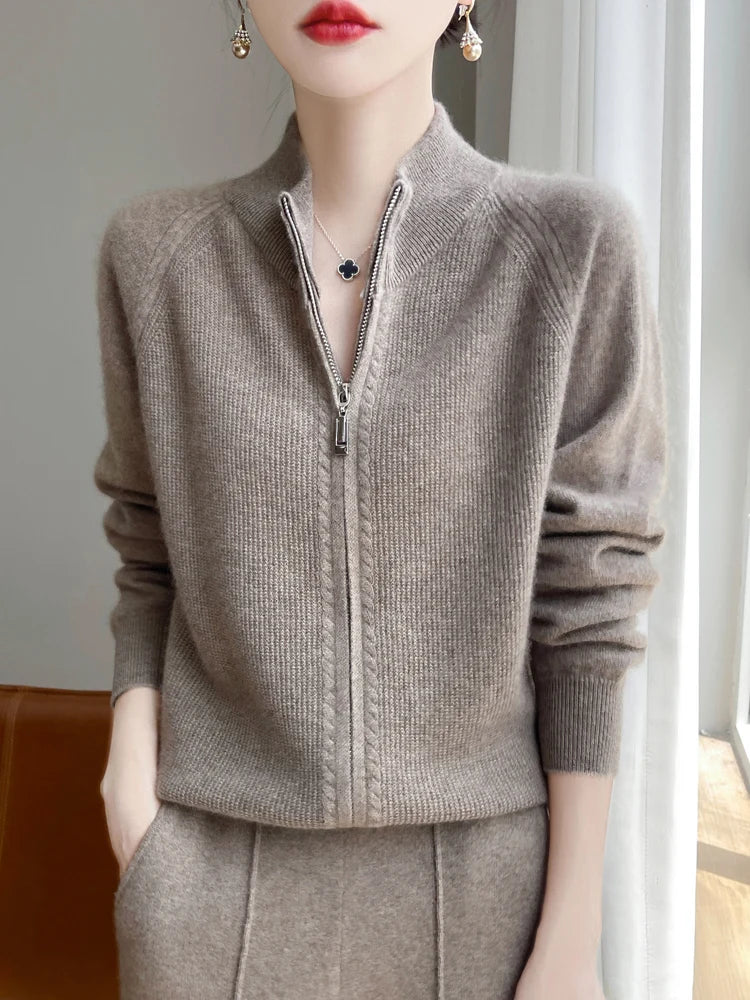 100% Wool Women’s Zipper Turtleneck Sweater – Casual Loose Knit Cardigan for Autumn/Winter