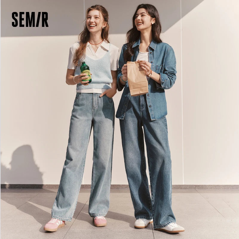 Semir Women’s 2025 Winter Wide-Leg Fleece-Lined Jeans – Full-Length Hong Kong Style Trousers