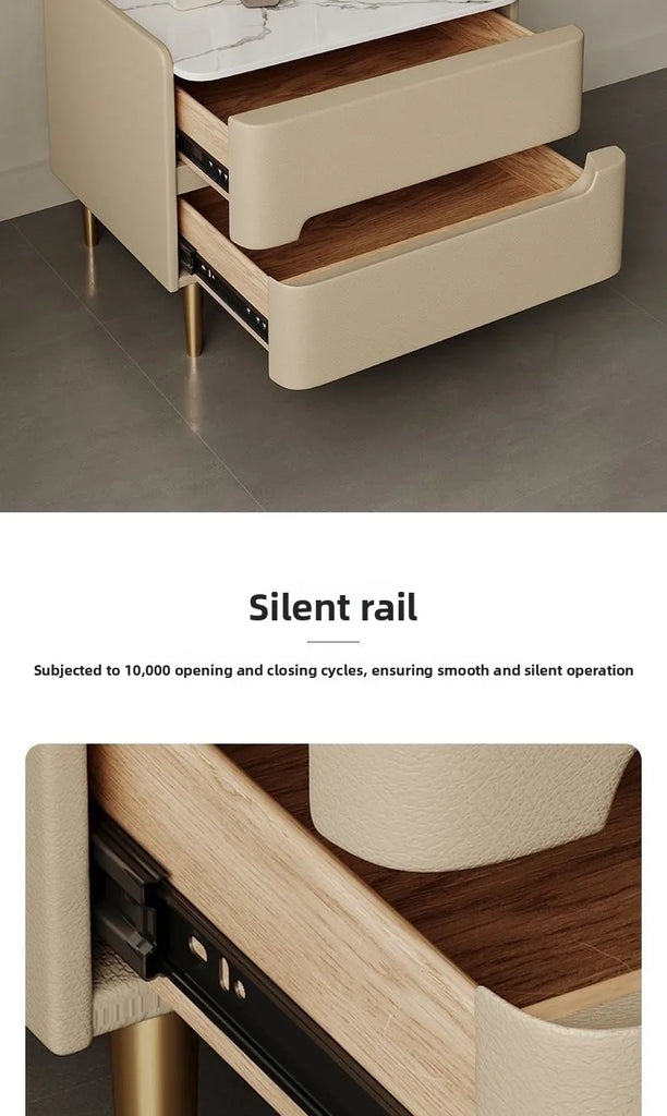 Luxury Modern Nightstand with Drawer, Glossy Marble Top, Gold Metal Legs, Faux Leather Bedside Table