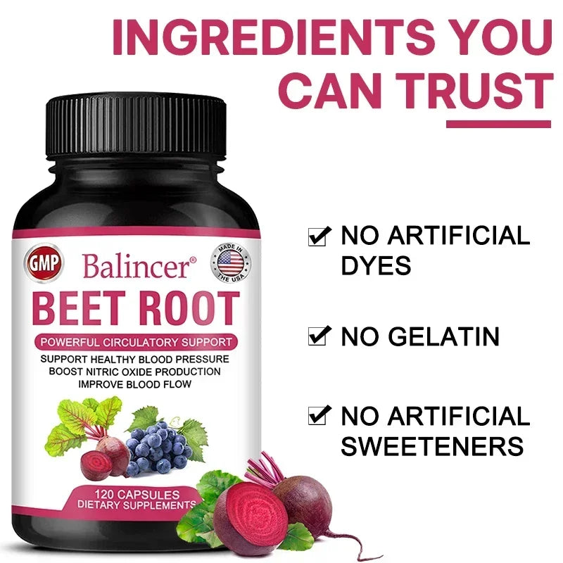 Organic Beetroot Capsules with Black Pepper Extract – Nitric Oxide Support, Blood Circulation & Energy Boost – 30/60/120 Capsules