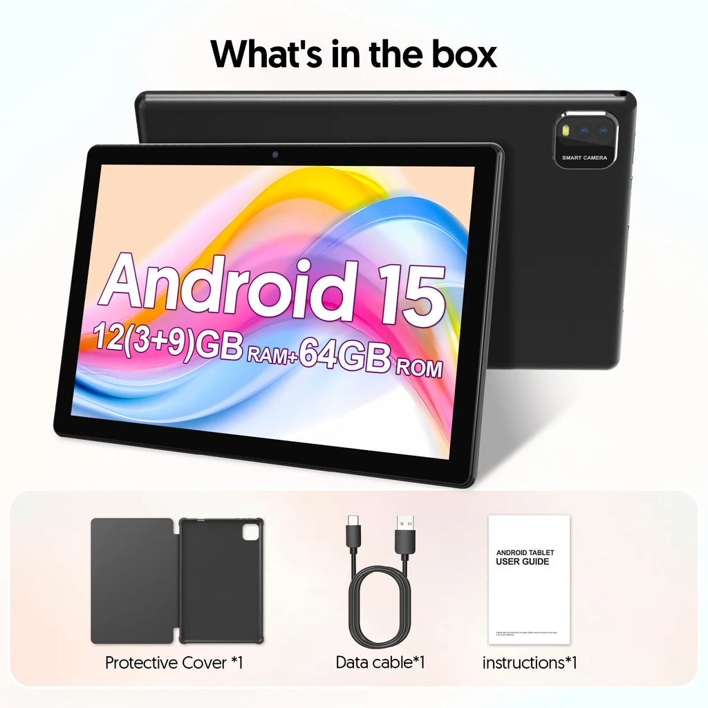 BAKEN 10-Inch Android 15 Tablet – Quad Core Processor, 12GB RAM (3GB+9GB), 64GB Storage, 1280x800 HD Display, Dual Camera, 5G WiFi