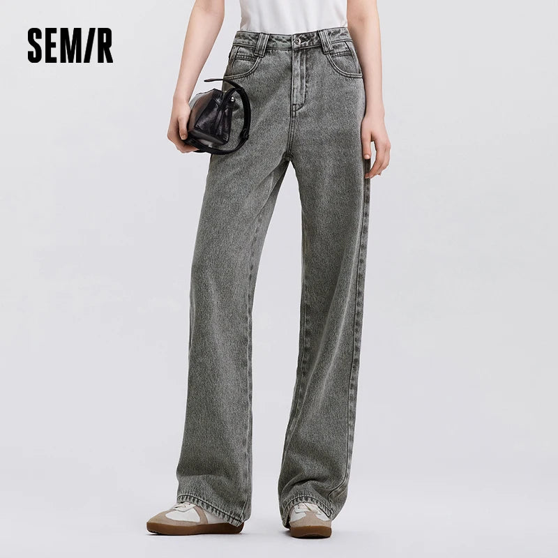 Semir Women’s 2025 Winter Wide-Leg Fleece-Lined Jeans – Full-Length Hong Kong Style Trousers