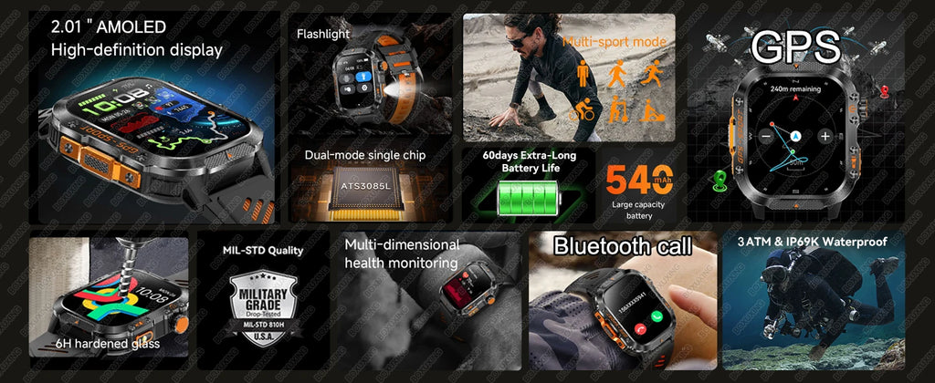 Military-Grade GPS Smartwatch for Men – 2.01” AMOLED, Bluetooth Calling, 3ATM Waterproof, 100+ Sports, 540mAh Battery