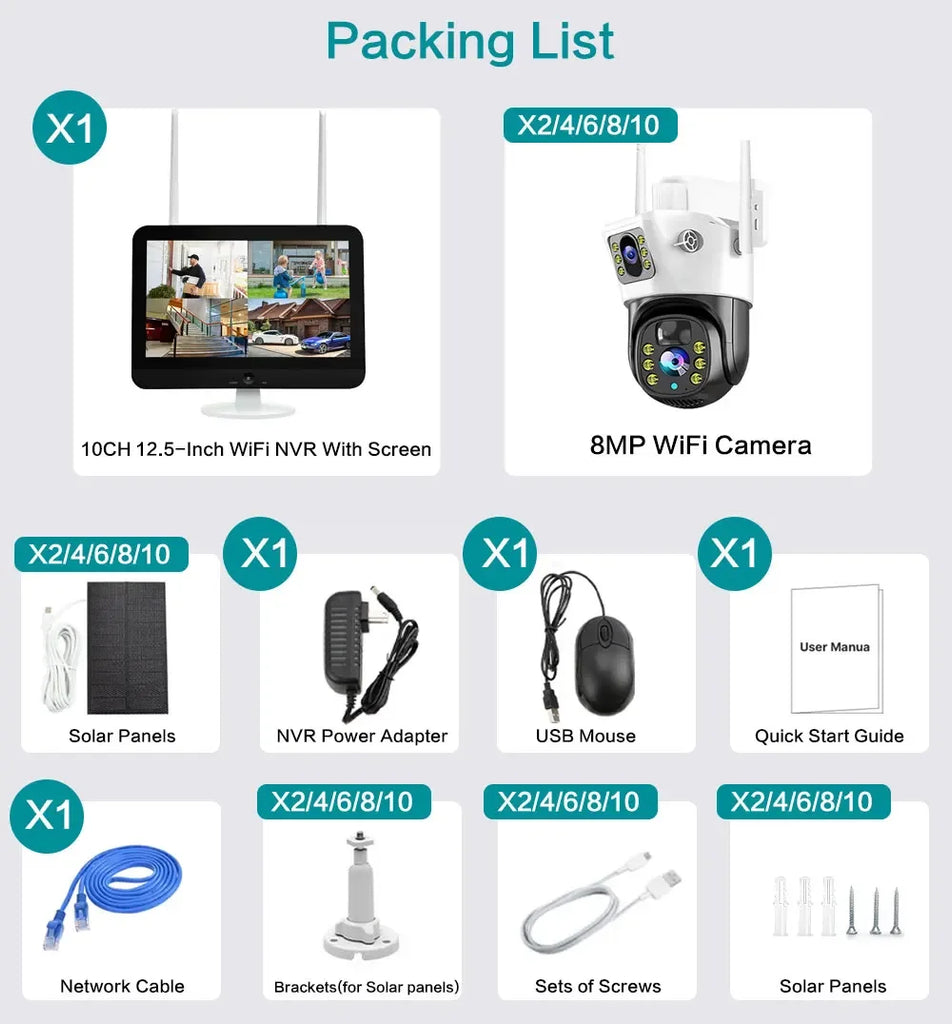 100% Wire-Free Solar PTZ Dual Lens 12.5" LCD Monitor 10CH WiFi NVR 8MP 4K Wireless Home Security Camera System