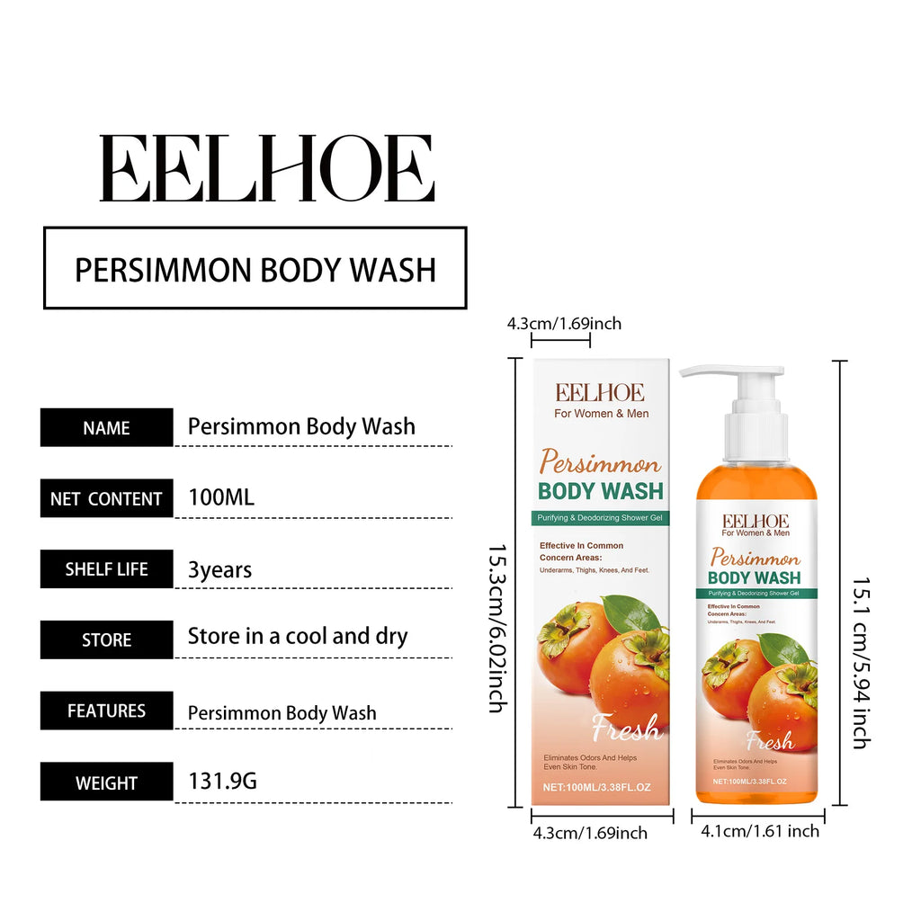 Persimmon Body Wash 100ml Odor Eliminating Exfoliating Moisturizing Shower Gel – Oil Control & Long Lasting Fragrance