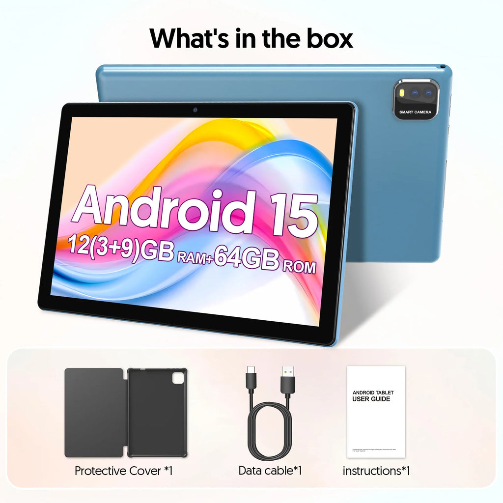 BAKEN 10-Inch Android 15 Tablet – Quad Core Processor, 12GB RAM (3GB+9GB), 64GB Storage, 1280x800 HD Display, Dual Camera, 5G WiFi