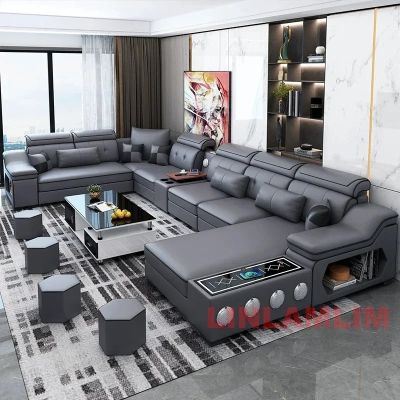 Linlamlim Modern Sectional Sofa Set with Chaise Lounge, Bluetooth Speakers & USB Charging Ports