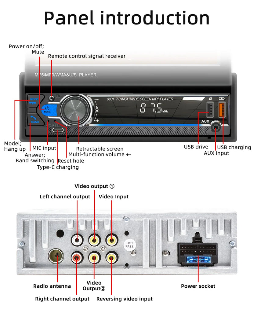 1Din 7'' Retractable Car Stereo with Wireless CarPlay & Android Auto, Bluetooth, FM, USB, AUX