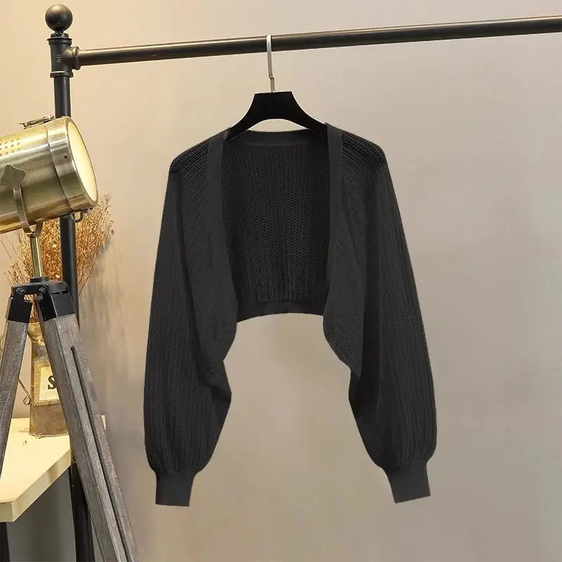 Lantern Sleeve Ice Silk Knitted Cardigan for Women – Summer Thin Loose Fit Outerwear with Slip Dress Sun Protection