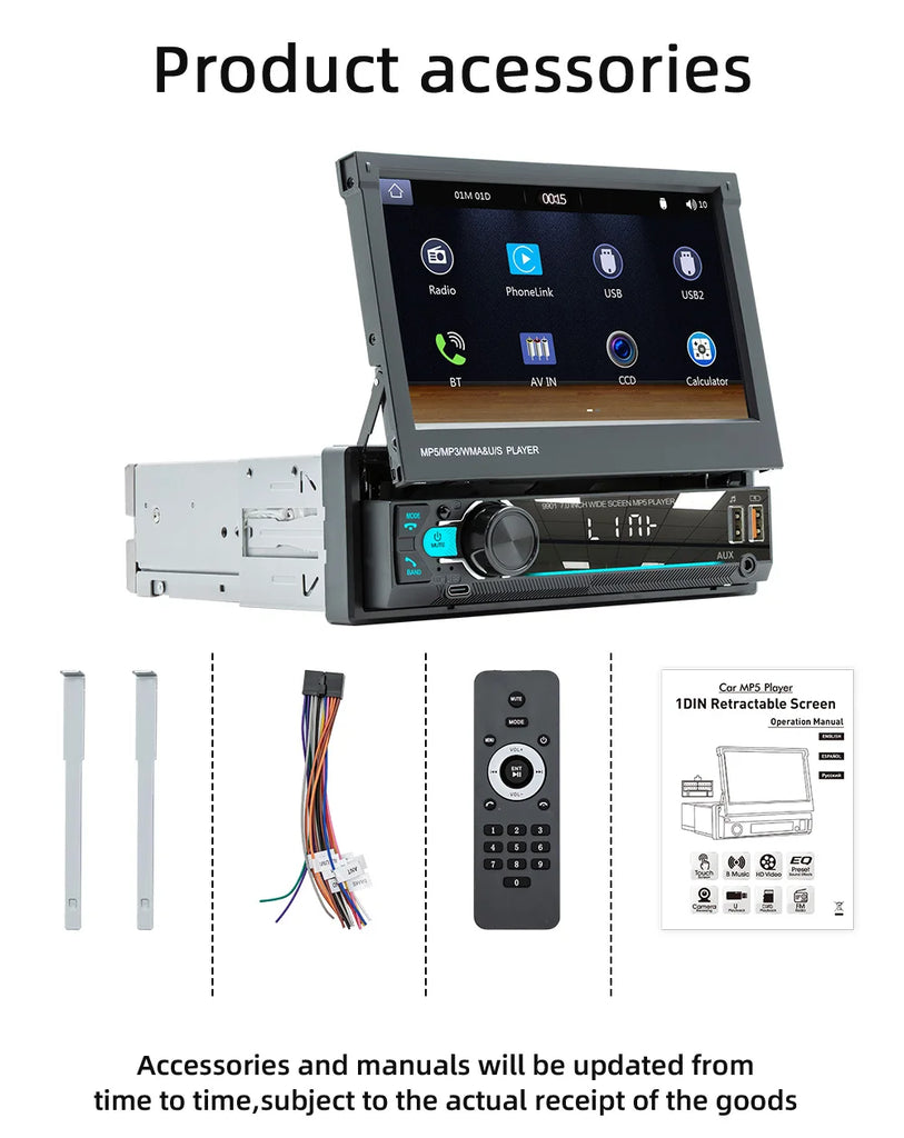 1Din 7'' Retractable Car Stereo with Wireless CarPlay & Android Auto, Bluetooth, FM, USB, AUX