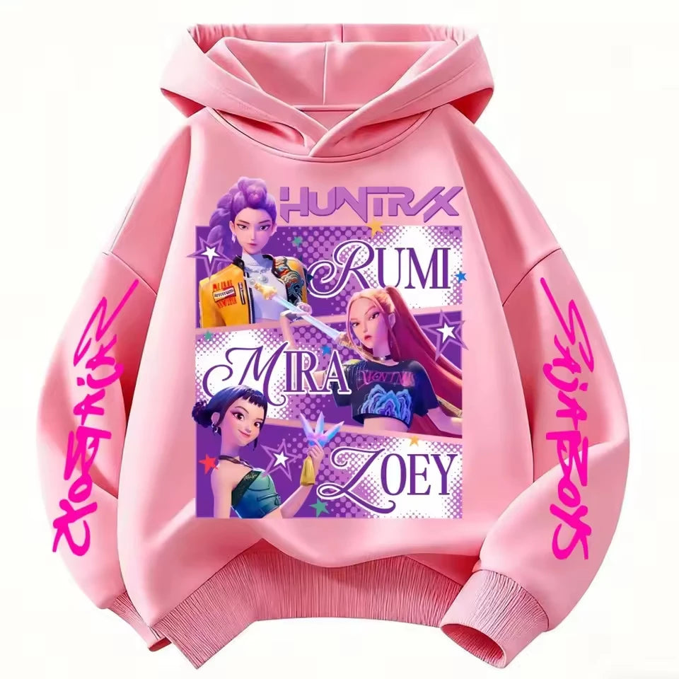 Cute Girls Hooded Sweatshirt KPop Demon Hunter Cartoon Casual Top – Purple & Pink