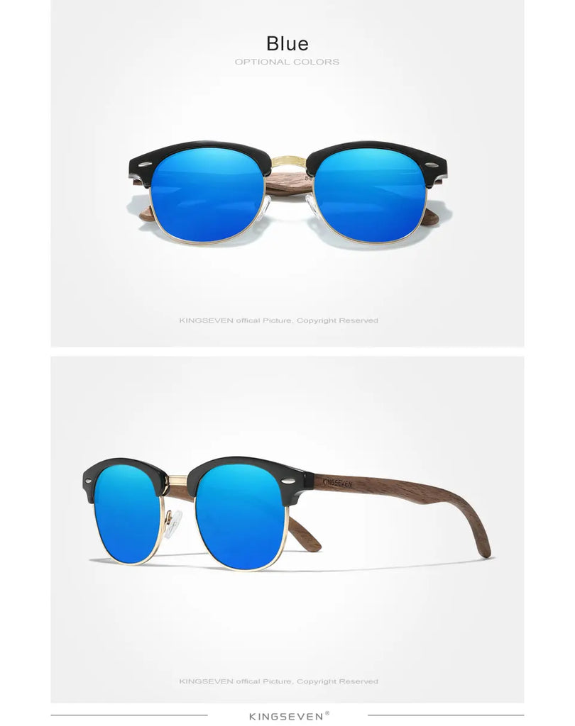KINGSEVEN Handmade Black Walnut Wooden Polarized UV400 Sunglasses Semi-Rimless Retro Eyewear