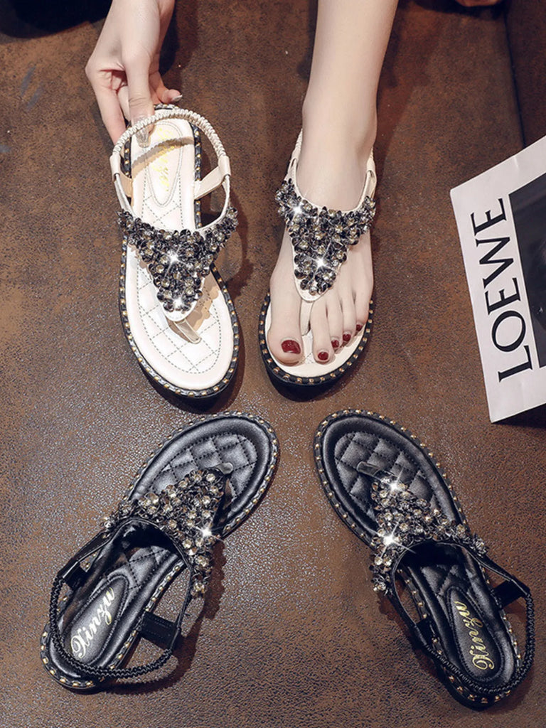 Rhinestone Embellished T-Strap Flat Sandals