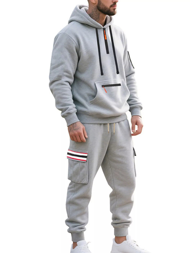 Men's Full Size Casual Half-Zip Hoodie and Cargo Pants Set Plus Size