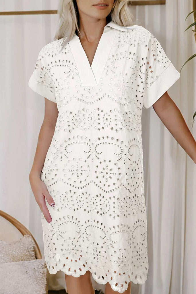 Solid Color Eyelet Embroidered T Shirt Mini Dress