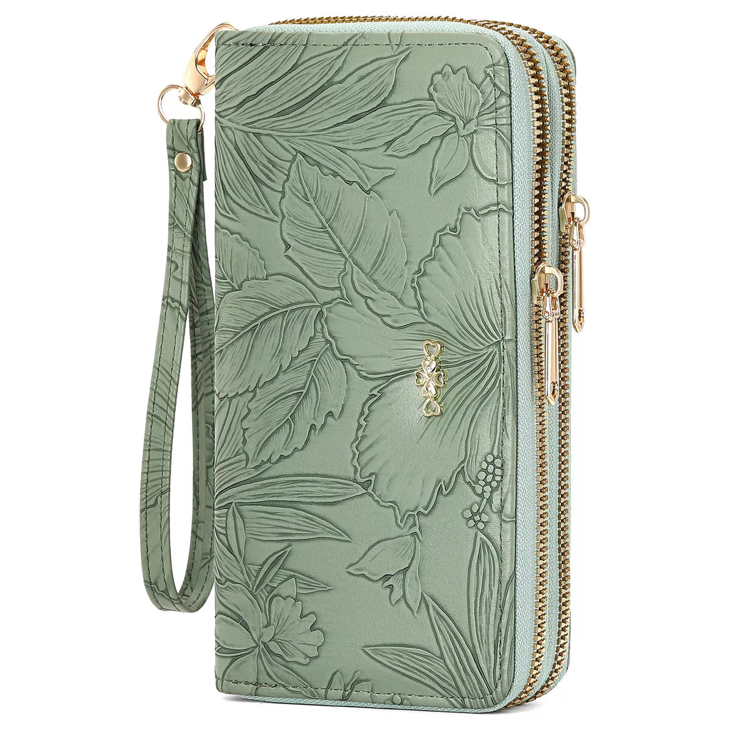 Embossed Floral Pattern Double Zipper Wallet
