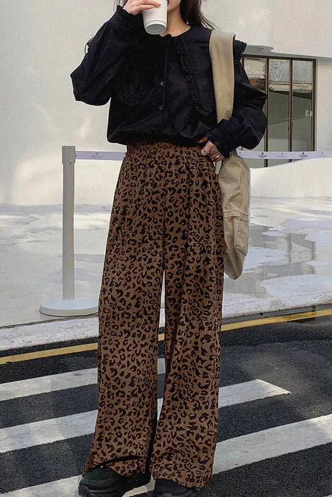 Leopard Print Elastic High Waist Loose Corduroy Pants