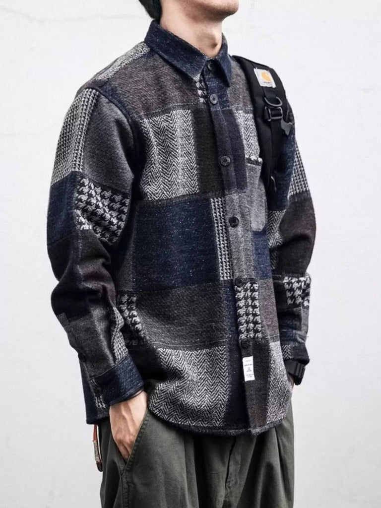 Men's Plus Size Plaid Patchwork Button Up Shacket