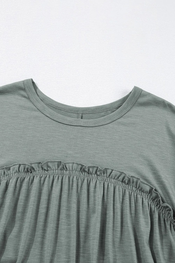 Frilled Gathered Seam Round Neck T Shirt Dress