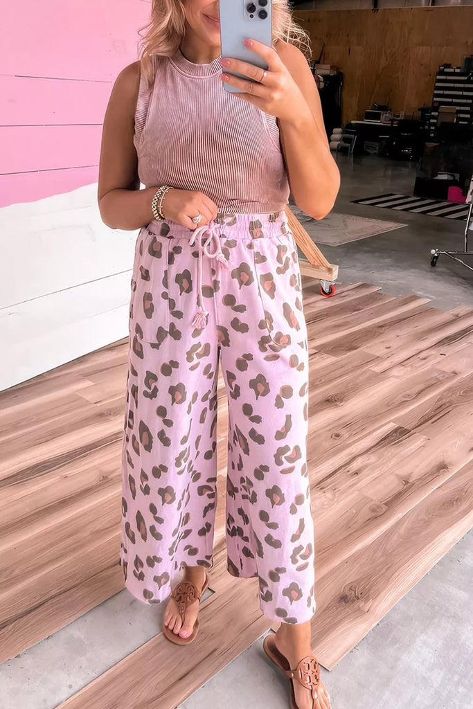 Drawstring Leopard Print Patch Pocket Loose Pants