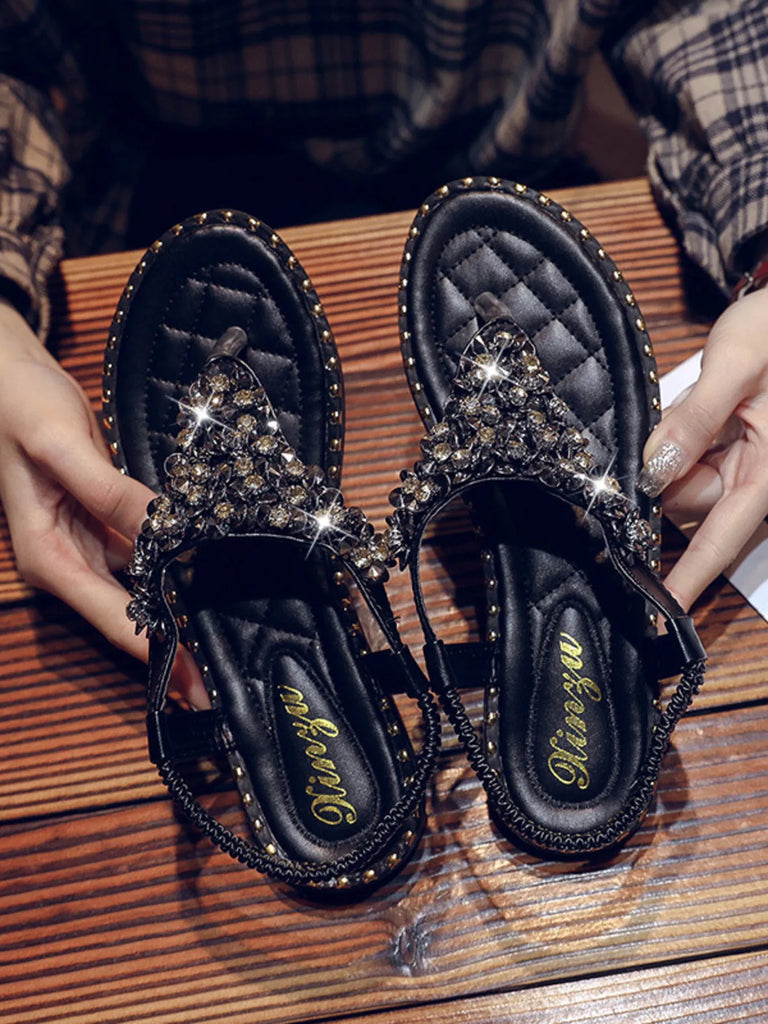 Rhinestone Embellished T-Strap Flat Sandals