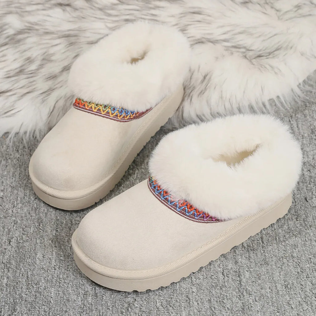 Fur-Lined Platform Boots with Decorative Woven Strap