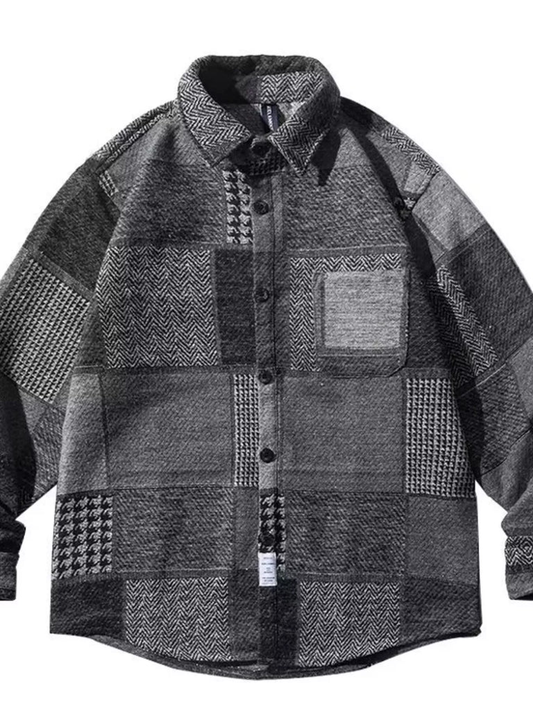 Men's Plus Size Plaid Patchwork Button Up Shacket