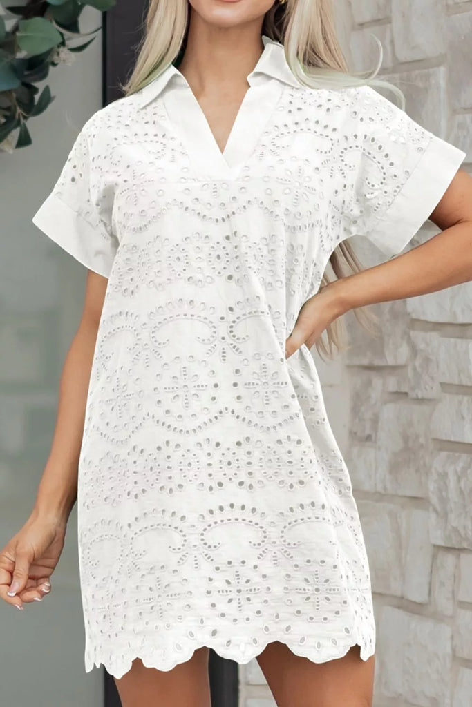 Solid Color Eyelet Embroidered T Shirt Mini Dress