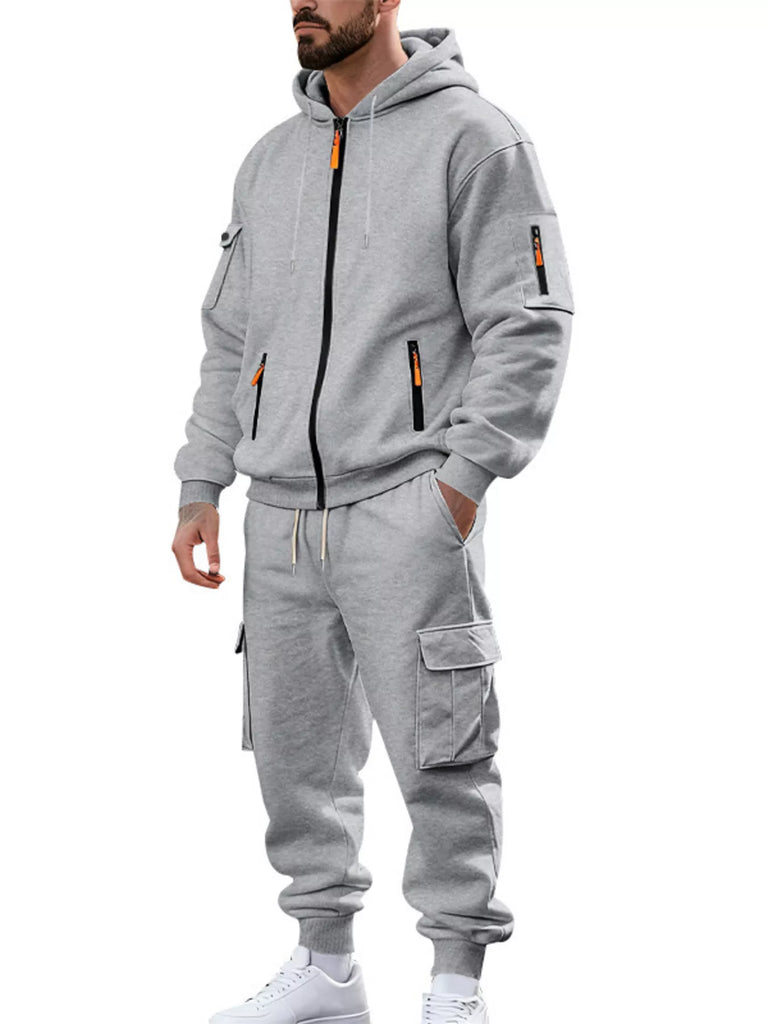 Men's Plus Size Casual Zip-Up Hoodie and Cargo Pants Set