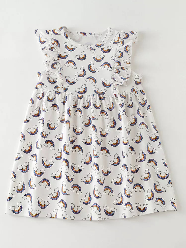 Children's Rainbow Print Ruffle Sleeve Dress