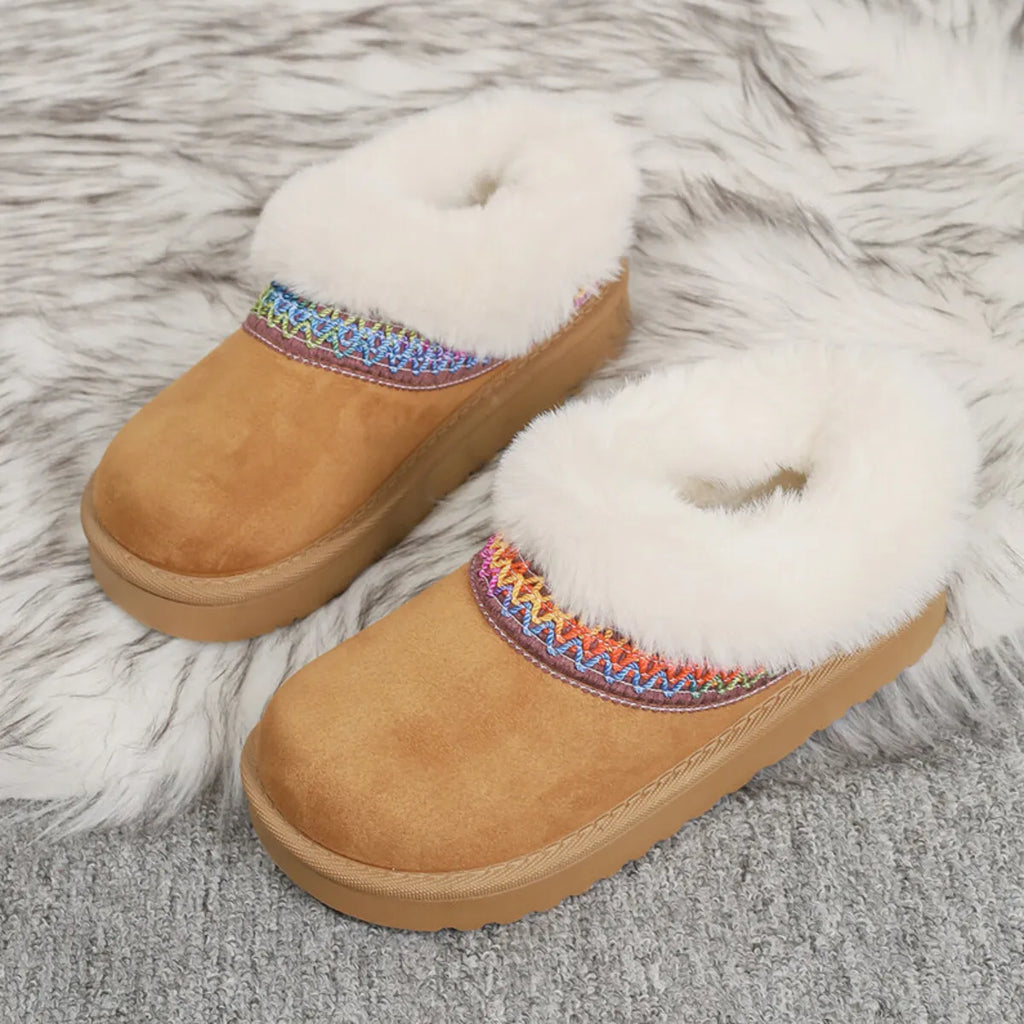 Fur-Lined Platform Boots with Decorative Woven Strap