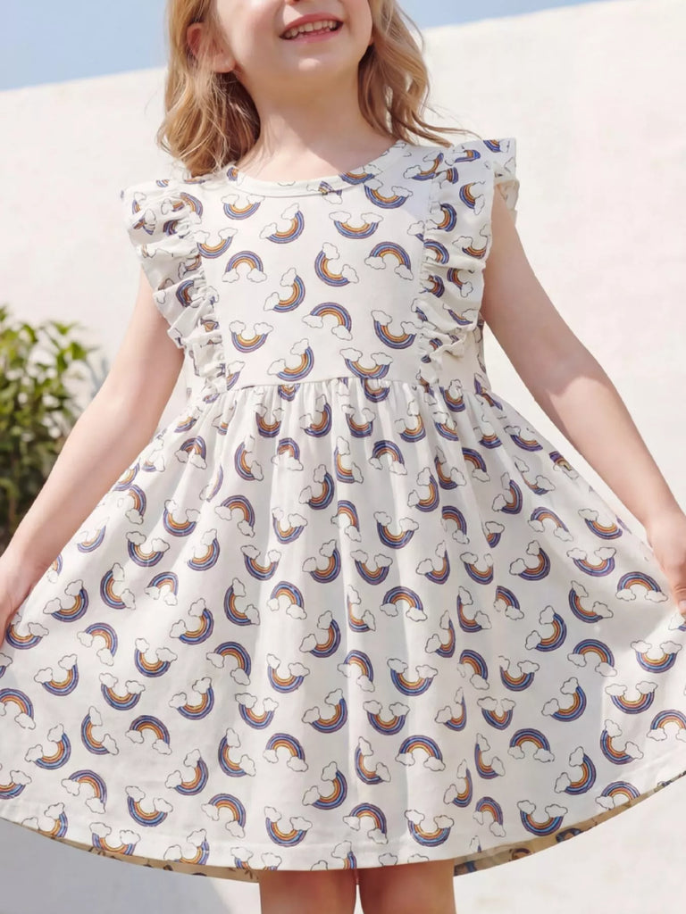 Children's Rainbow Print Ruffle Sleeve Dress