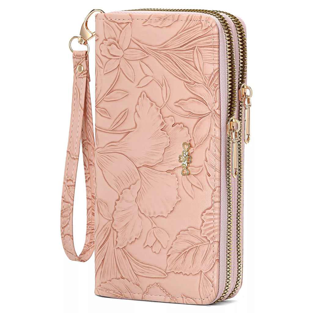 Embossed Floral Pattern Double Zipper Wallet