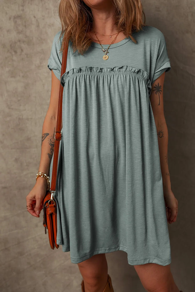 Frilled Gathered Seam Round Neck T Shirt Dress